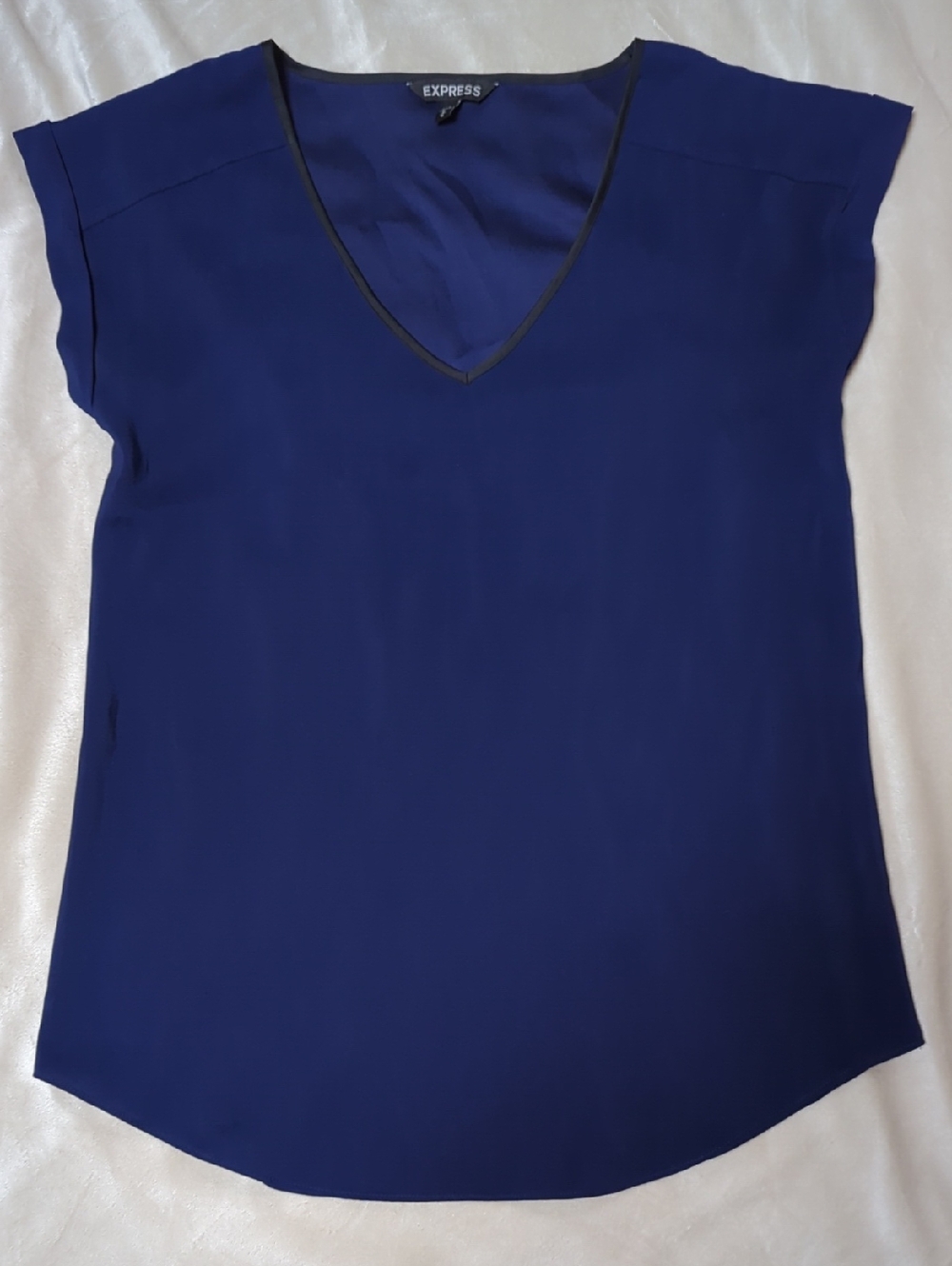 Express Women's V-Neck Short Sleeve Blouse - Dark Royal Blue with Black Trim